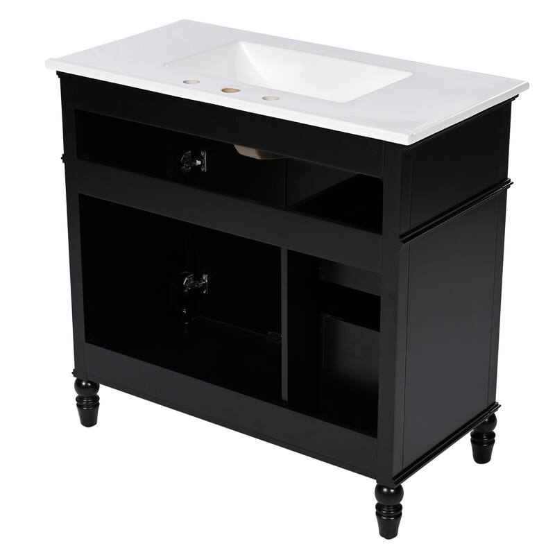 Stylish 36" Bathroom Vanity with 2 Different Sizes Drawers, Black Wooden Storage Cabinet, White Ceramic Sink and Gold Handles