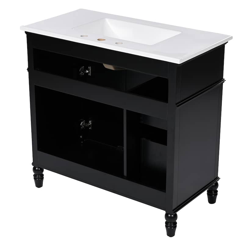 White 36-Inch Bathroom Vanity with Gold Handles, Ample Storage, and Painted Finish