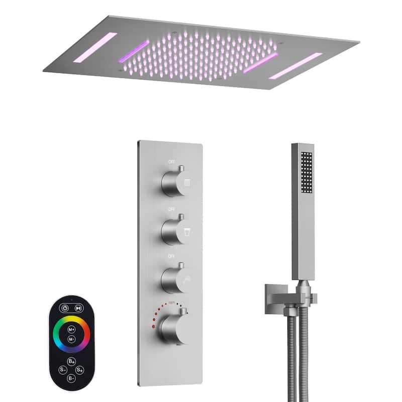 GRANDJOY LUXURY Shower System 22"x15" Ceiling Mount Rainfall & Waterfall Shower Head with Handheld Spray Como 64 Colors LED - Brushed Nickel