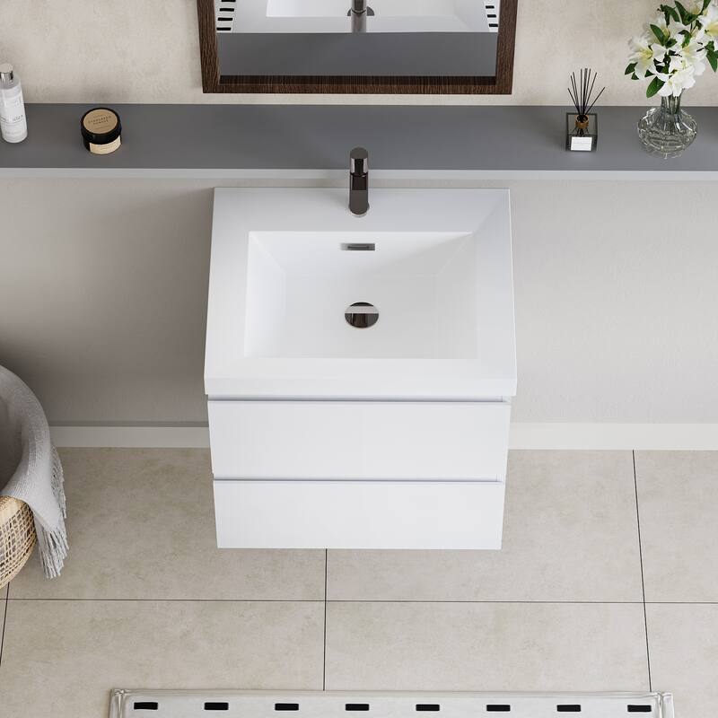 29.5" Floating Bathroom Vanity with Resin Sink, Glossy White Finish, 2 Drawers, Easy Installation - 29.53in L Wood