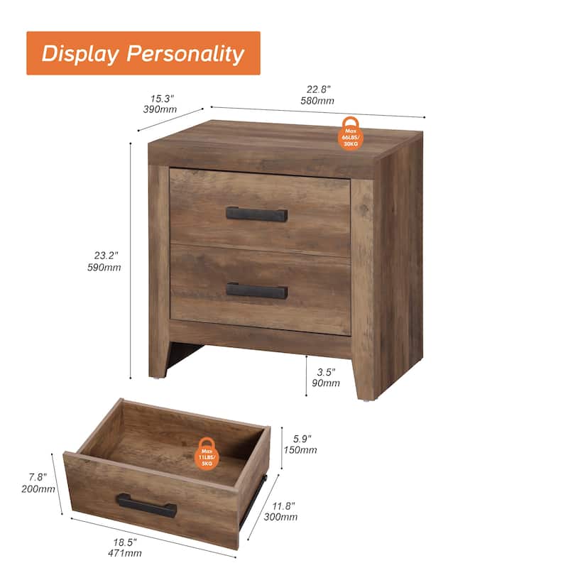 WAMPAT Farmhouse Nightstand with Dual Drawers - Rustic Brown