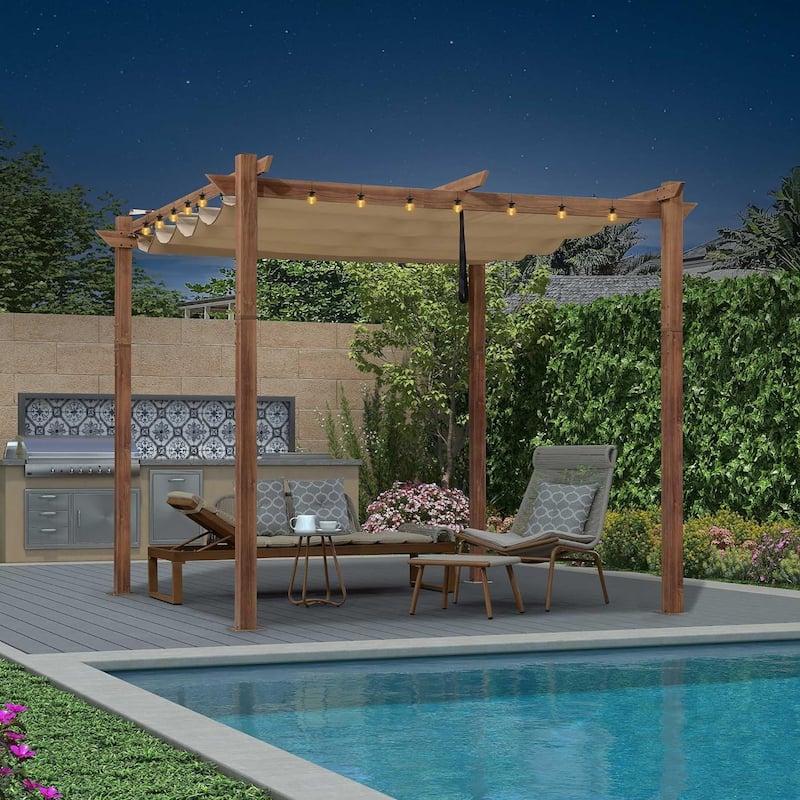 PURPLE LEAF Gazebo Wood Grain Metal Frame Pergola with Extra Top Roof for Patio