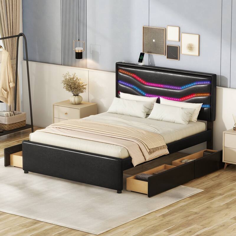 Queen Size Upholstered Storage Platform Bed with LED, 4 Drawers and USB