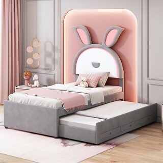 Versatility Upholstered Kids Bed with Trundle and 3 Drawers, Embedded LED Lights, Rabbit-Shaped Headboard, No Box Spring Needed