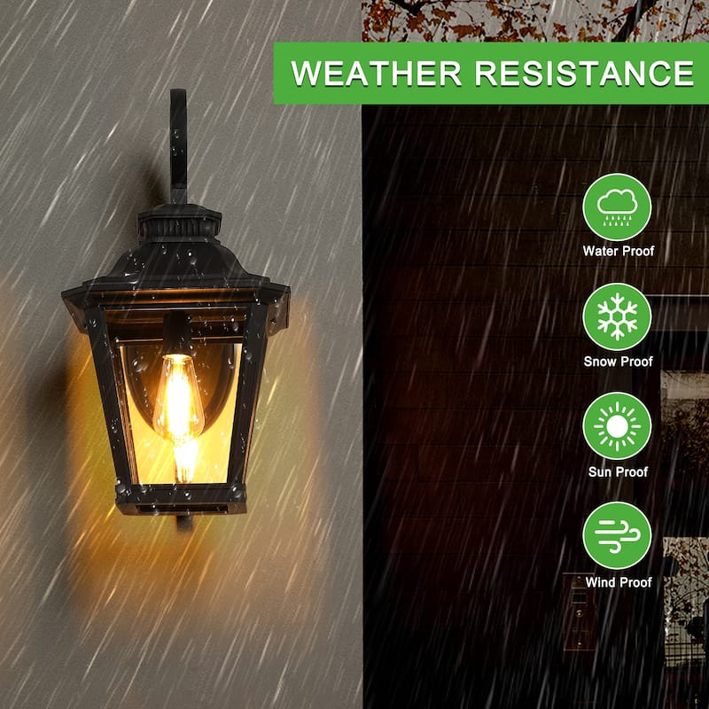 14" Outdoor Wall Lanterns 2-Pack, Black Waterproof Wall Sconce with Clear Glass Panels, Vintage Exterior Light