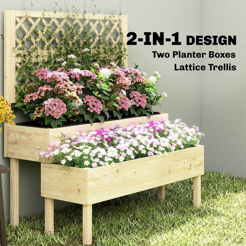 Outsunny 2-Tier Raised Garden Bed with Trellis, Wooden Elevated Planter Box with Drainage Gaps, Liners