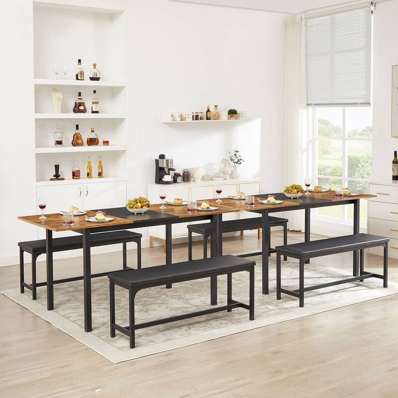 VECELO 3-Piece Dining Table Set with 2 Benches, 63" Extendable Kitchen Table & Chairs Set for 4-8, Dining Room Table
