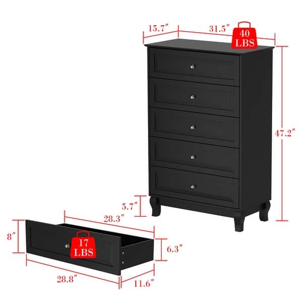 Chest of Drawers Tall 5 Drawer Dresser, Wood Dresser End Table Console