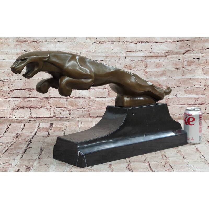 Art Deco Style Leaping Panther Bronze Sculpture On Marble Base
