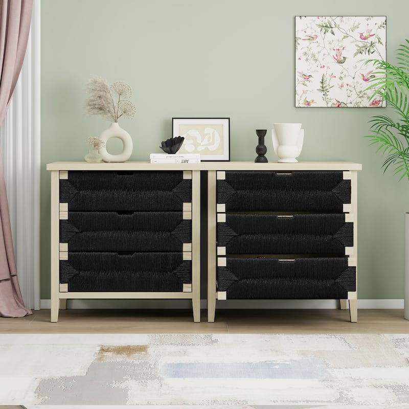 Roomfitters 3 Drawer Buffet Sideboard, Storage Cabinet with Hand-Woven Rope Drawers and Adjustable Shelves, Natural