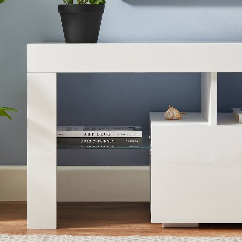 Modern 51-Inch TV Stand with 16-Color RGB LED Lights, Remote Control, and Storage Drawers for TVs up to 55 Inches.