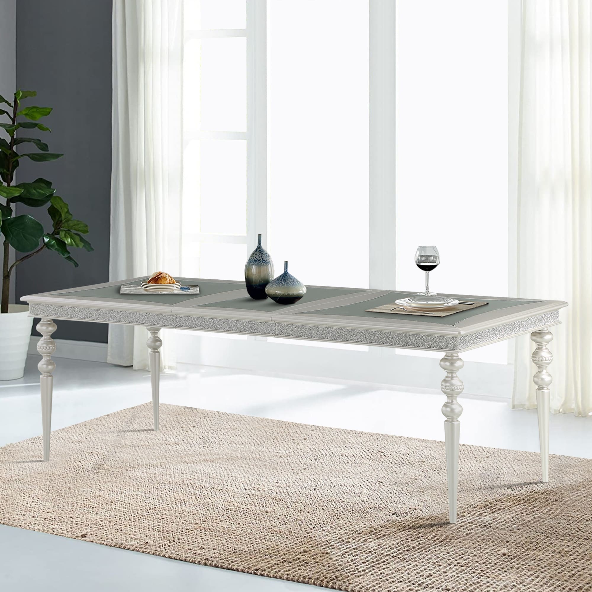 Sparkling Rectangular Dining Table with Rhinestone Inlay, Silver