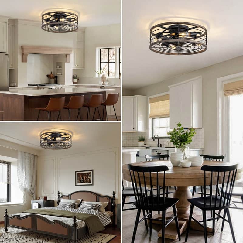 20 in. Wood Finish Ceiling Fan with Light Low Profile Farmhouse Indoor Ceiling Fans Caged Ceiling Fan Light for Bedroom - N/A