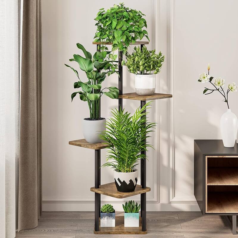 Plant Stand 5 Tier Indoor Metal Flower Shelf,5 Tier - 5 Tier-Black+Rustic Brown