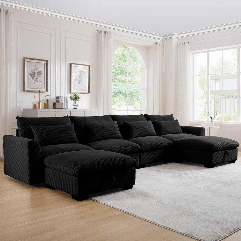 GDFStudio - Winslow Corduroy 4 Seater Sofa Couch with 2 Storage Ottomans and Pillows