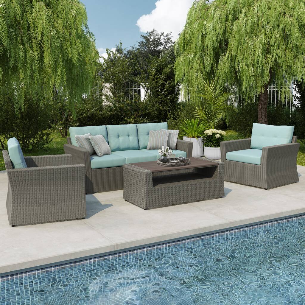 Martha Stewart Isley 4-Piece Conversation Set in Dark Wicker and Solid Green