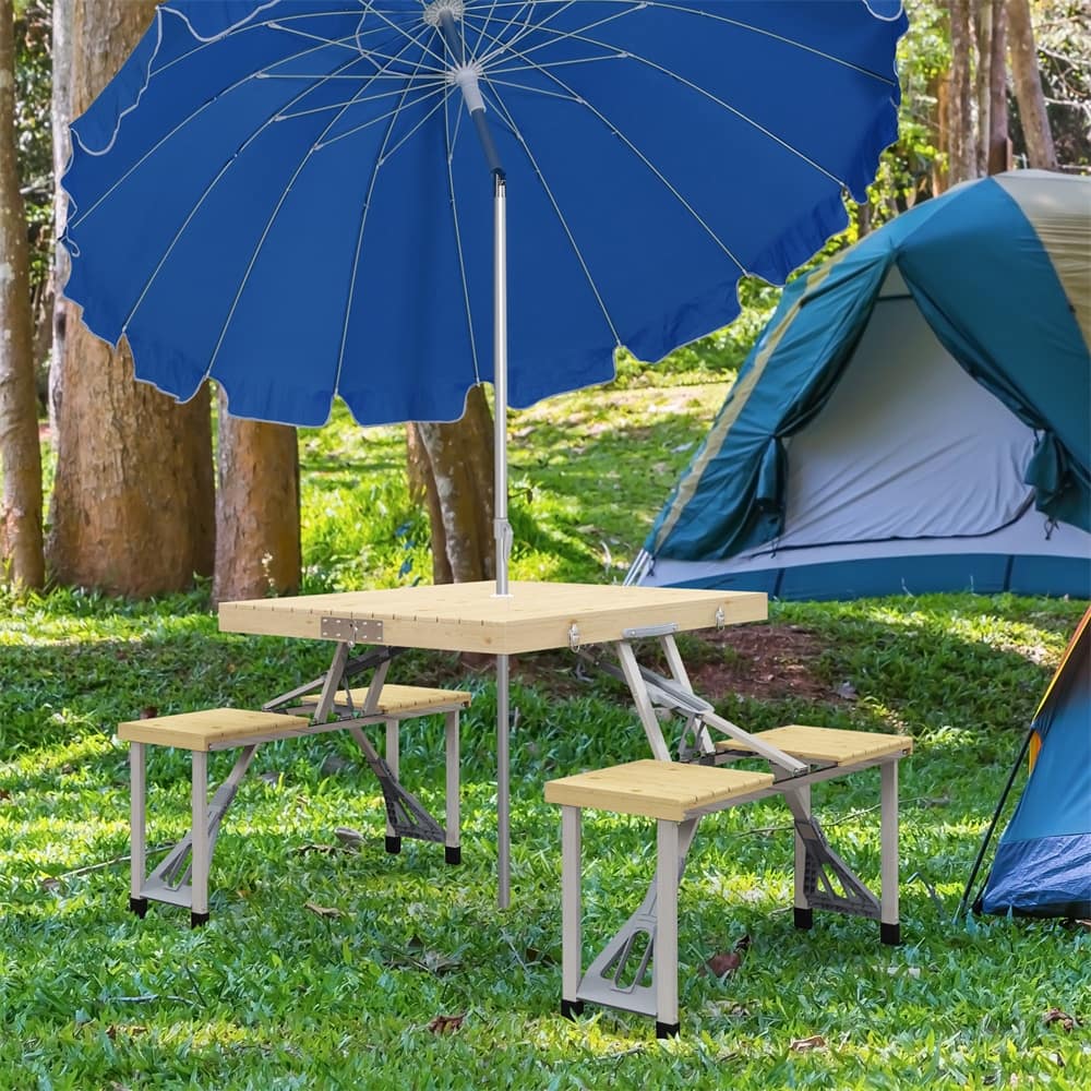 Folding Camping Table and Chair Set Aluminum Frame Fir Wood Portable Outdoor Picnic with Umbrella Hole