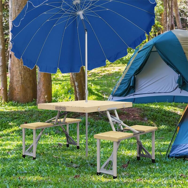 Folding Camping Table and Chair Set Aluminum Frame Fir Wood Portable Outdoor Picnic with Umbrella Hole - Natural