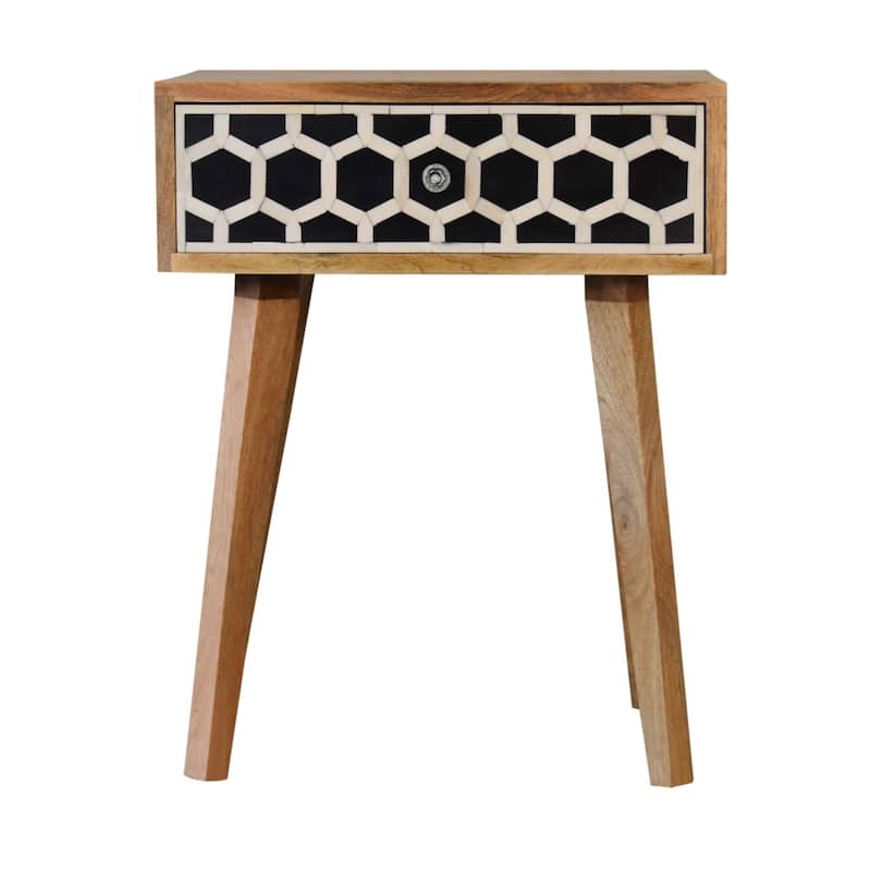 HomeRoots 22" Black White And Brown Solid Wood Geometric Bone Inlay One Drawer Nightstand