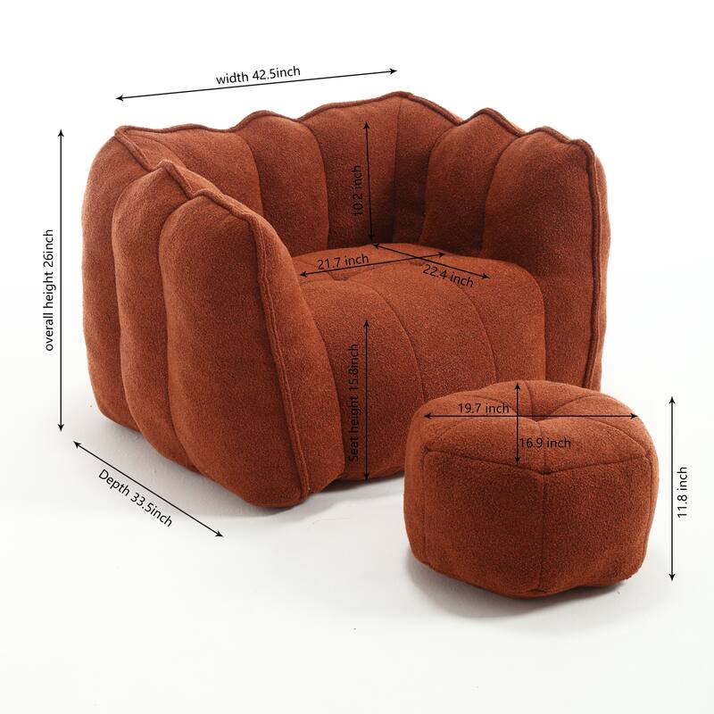 Modern Chenille Bean Bag Chair with Ottoman, Set of 1