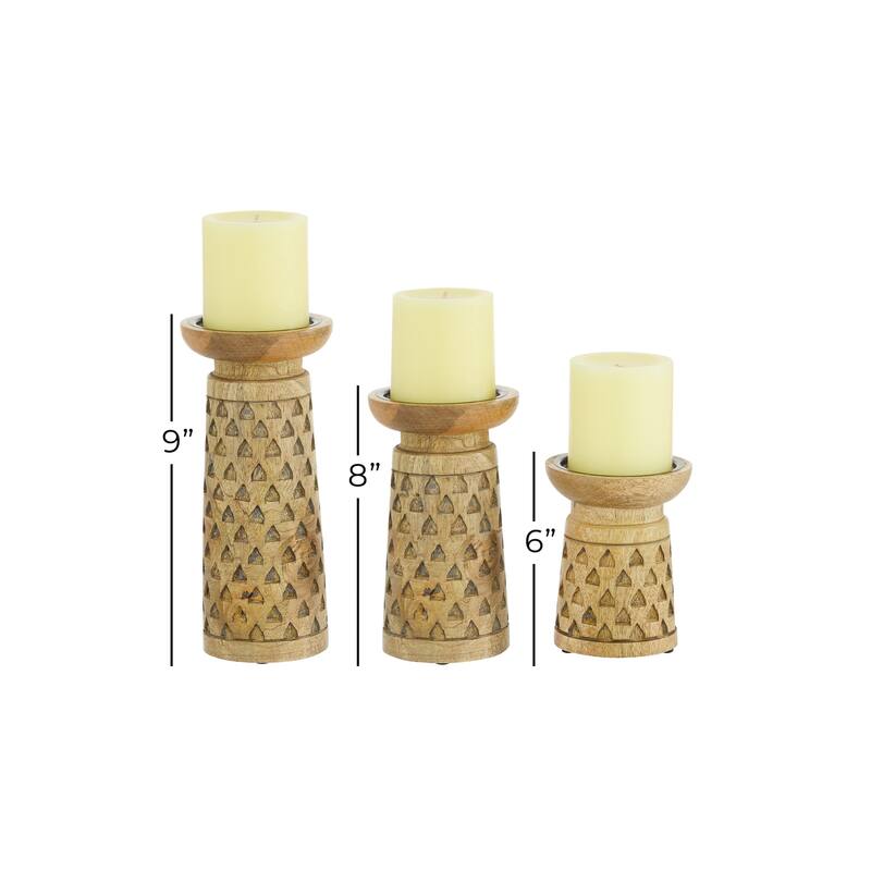 Wood Geometric Handmade Intricate Carved Pillar Candle Holder - Set of 3 Brown - Roche River Decor - 4"W x 4"L x 10"H
