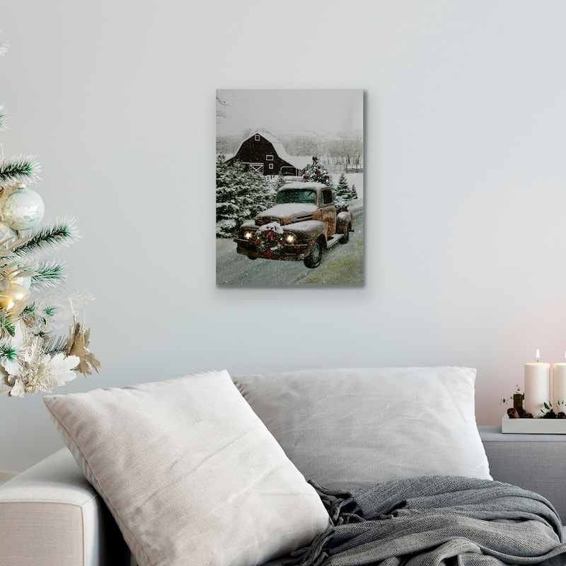 LED Lighted Fiber Optic Truck with Tree Christmas Canvas Wall Art 15.75" x 11.75"