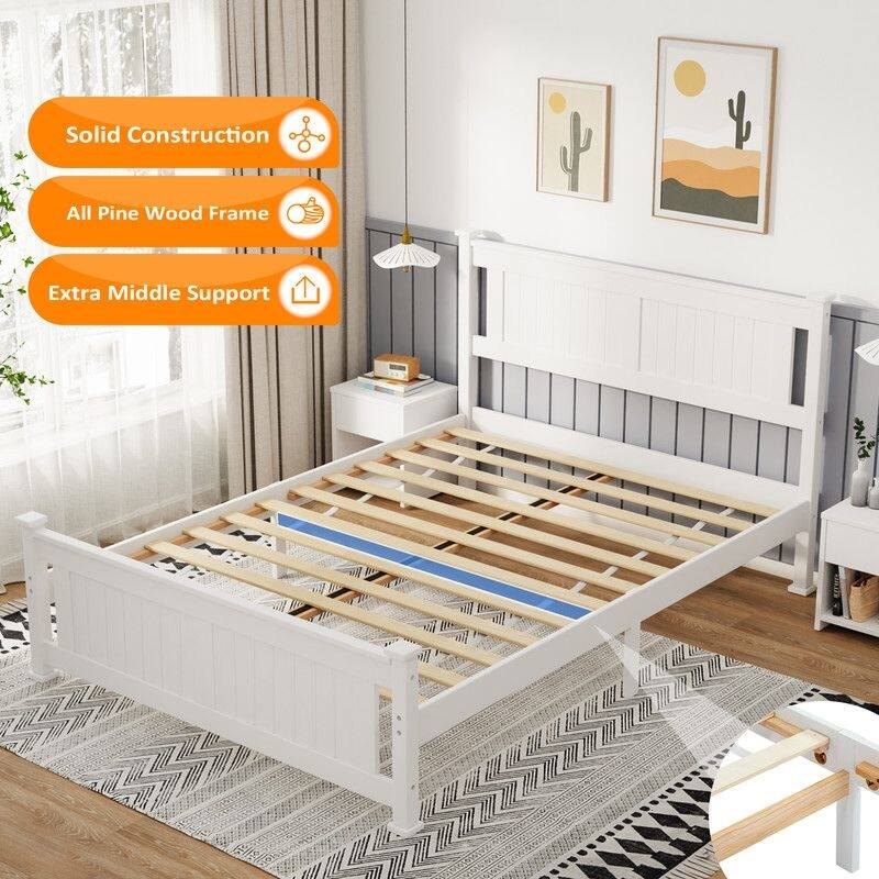 Wood Bed Frame Full Size Platform Bed with Headboard White