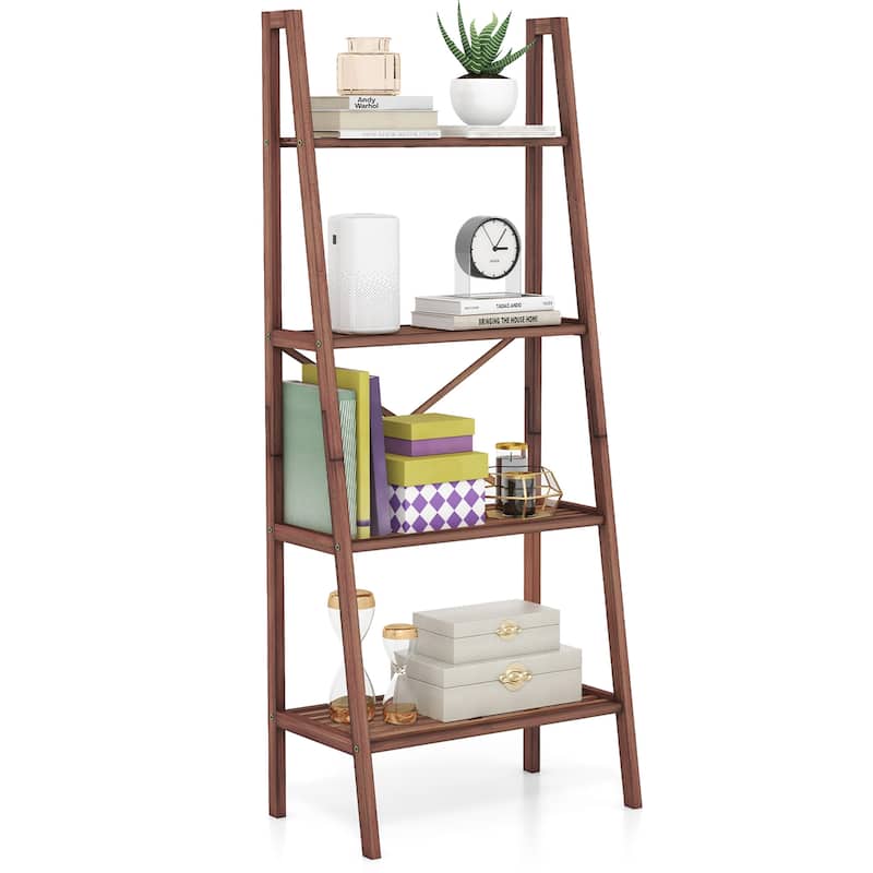 Gymax 4-Tier Bamboo Ladder Bookshelf 58'' Display Shelf Storage Rack - Brown
