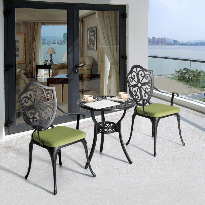 3 Piece Outdoor Bistro Set, Cast Aluminum Patio Bistro Sets with Umbrella Hole and Cushions