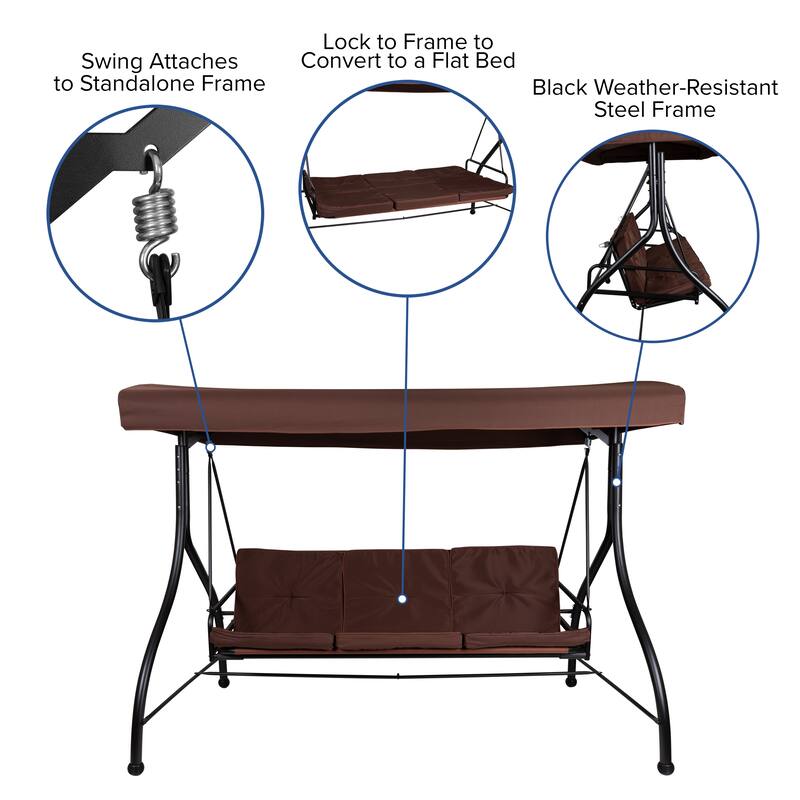 3-Seat Outdoor Steel Converting Patio Swing and Bed Canopy Hammock
