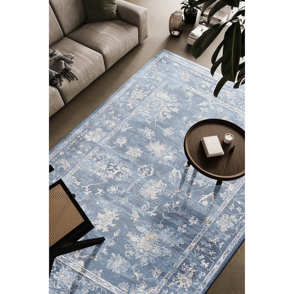 Eno Elmina Blue, Ivory and Beige Viscose Area Rug - 2'3" x 12' Runner