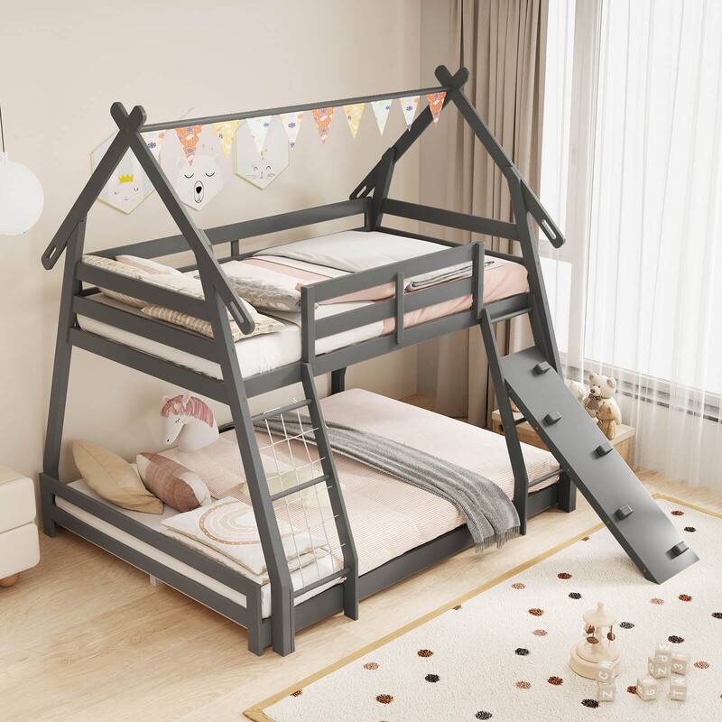 Costway Twin Over Queen Bunk Bed House Shaped Bed Frame with Climbing - See Details