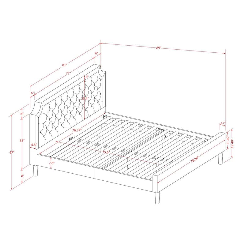 King Bed Frame Platform - Faux Leather Headboard & Footboard - Modern Bedroom Furniture