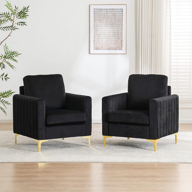 Modern Velvet Accent Chairs (Set of 2) for Living Room & Bedroom Comfy Reading Armchair with Gold Metal Legs - Black