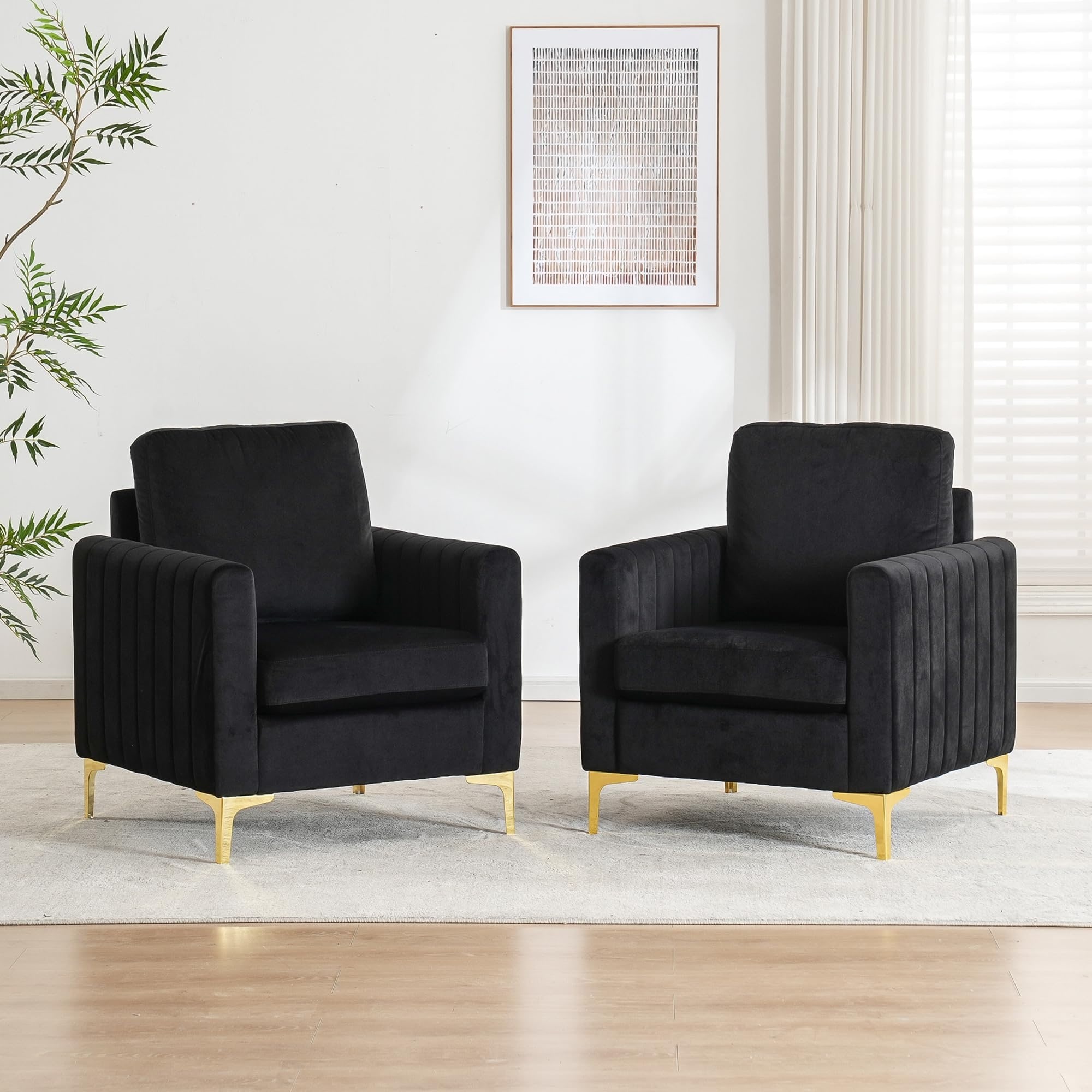 Modern Velvet Accent Chairs (Set of 2) for Living Room & Bedroom Comfy Reading Armchair with Gold Metal Legs