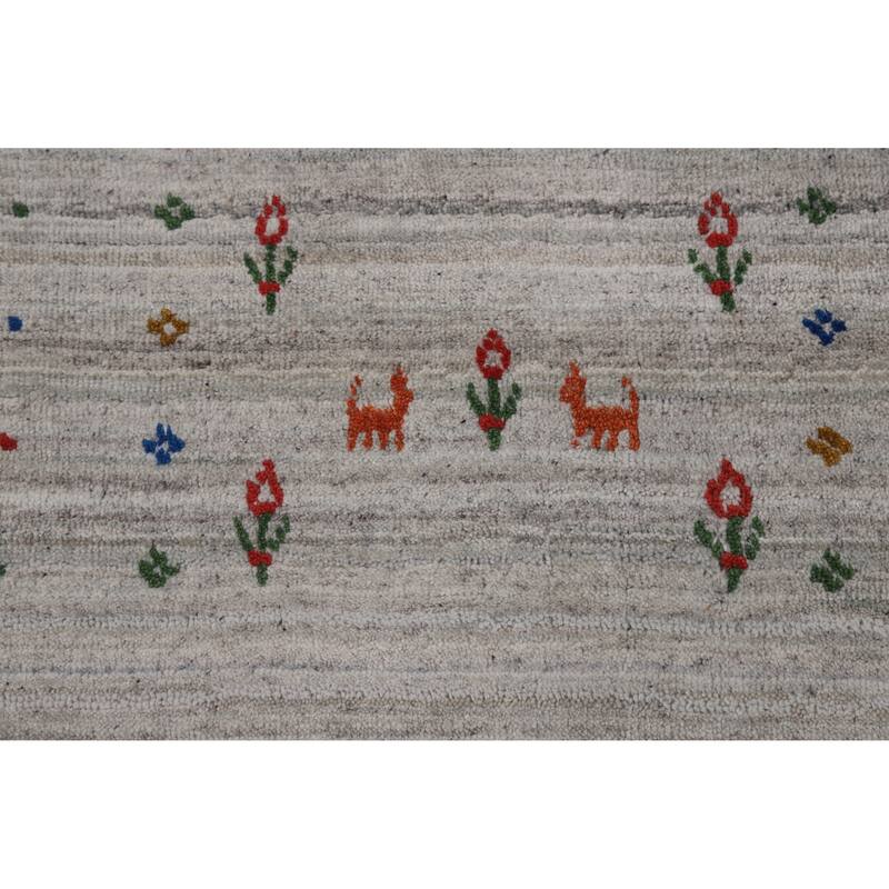 Silver Gray Striped Gabbeh Oriental Area Rug Hand-Knotted Silk Carpet - 9'3" x 11'7"