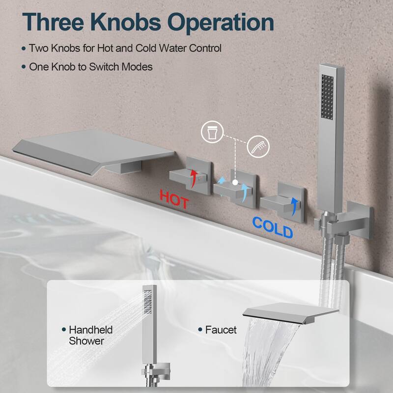 GRANDJOY Wall Mounted 3-Handle Tub Shower Faucet with Handheld Shower and Waterfall Tub Spout