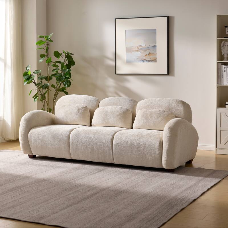 Boucle Upholstered 3 Seater Sofa, High-Density Foam Filled Floor Couch, Lounge Sofa Chair with 3 Pillows for Bedroom, Office
