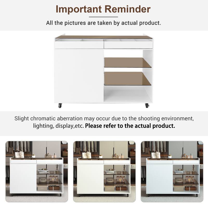 Roomfitters Multi-Functional Storage Island Vanity Console with Glass Display Shelves and Reversible Top, White
