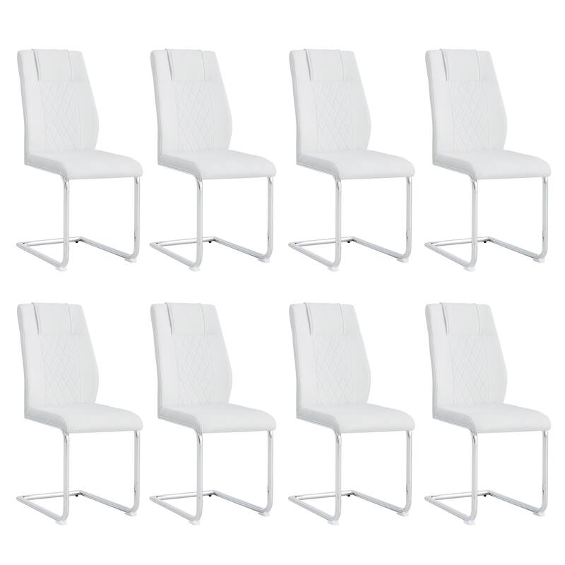 Modern Dining Chairs with Faux Leather Upholstered Seat and Metal Legs, for Kitchen, Living Room, Set of 8, Grey+PU - White