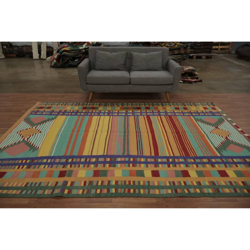 Hand Woven Oriental 100% Wool Carpet Southwestern Modern Multi-Colored Kilim Area Rug - 9' 10'' X 7' 0''