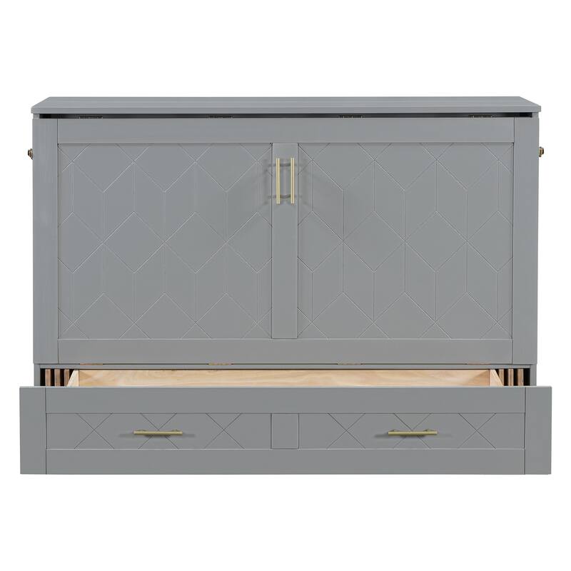 Full Size Murphy Bed with Pulley Structure Design, Drawer and USB Ports for Bedroom