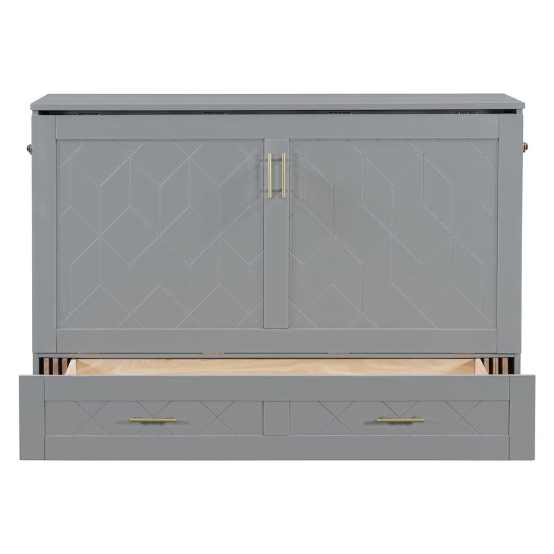 Gray Full Size Murphy Bed with Pulley Structure Design, Drawer and USB Ports for Bedroom