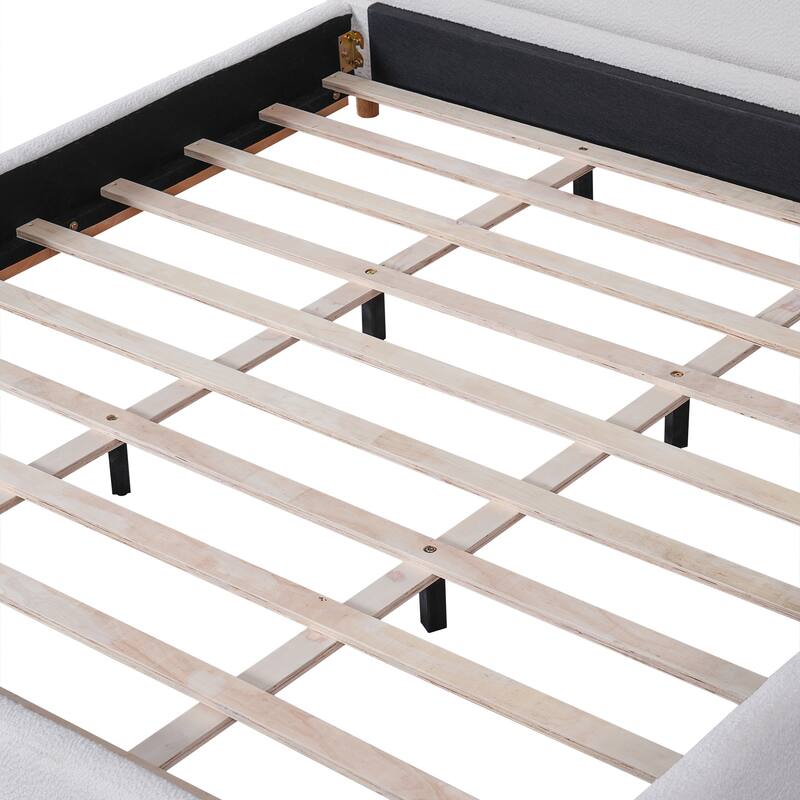Modern King Size Bed Frame with Curved Headboard, Boucle Upholstery, and Solid Wood Base