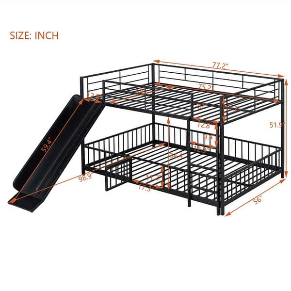 dimension image slide 1 of 4, Metal Bunk Bed with Slide and Door, Twin Over Twin/Full Over Full Low Bunk Bedframe with Fence Guardrails and Ladder for 2 Kids