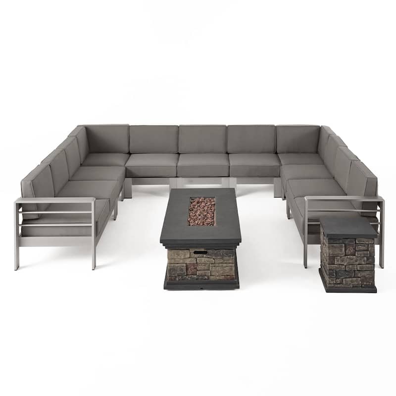 Cape Coral Outdoor 11 Seater Aluminum U-Shaped Sofa Sectional and Fire Pit Set by Christopher Knight Home - Silver+Khaki+Stone Finish