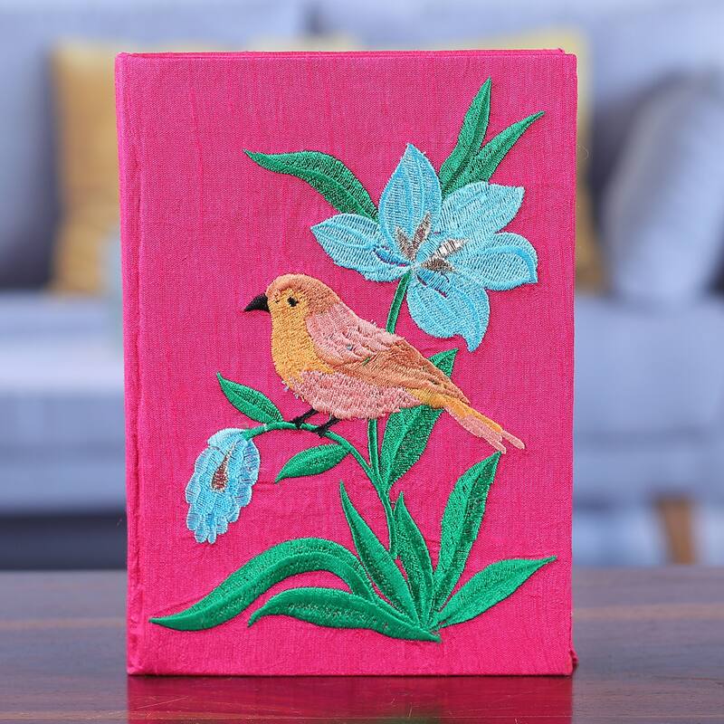 Novica Handmade Natures Cerise Beauty Rayon Embroidered Journal