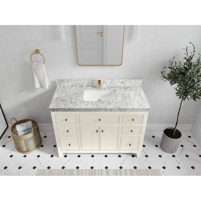Willow Collections 48 in W x 22 in D Sonoma Free Standing Reeded Single Sink Bathroom Vanity with Countertop - 2”Carrara Marble - Ivory