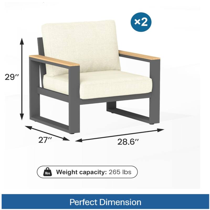 Set of 2 26.6" Aluminum Patio Armchairs with Thick Beige Cushions
