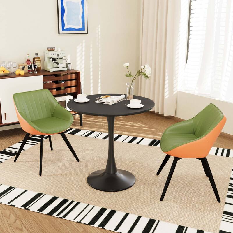 31.5 " MDF round dining table, tulip dining table, and 2 artificial leather decorative chairs with black metal legs